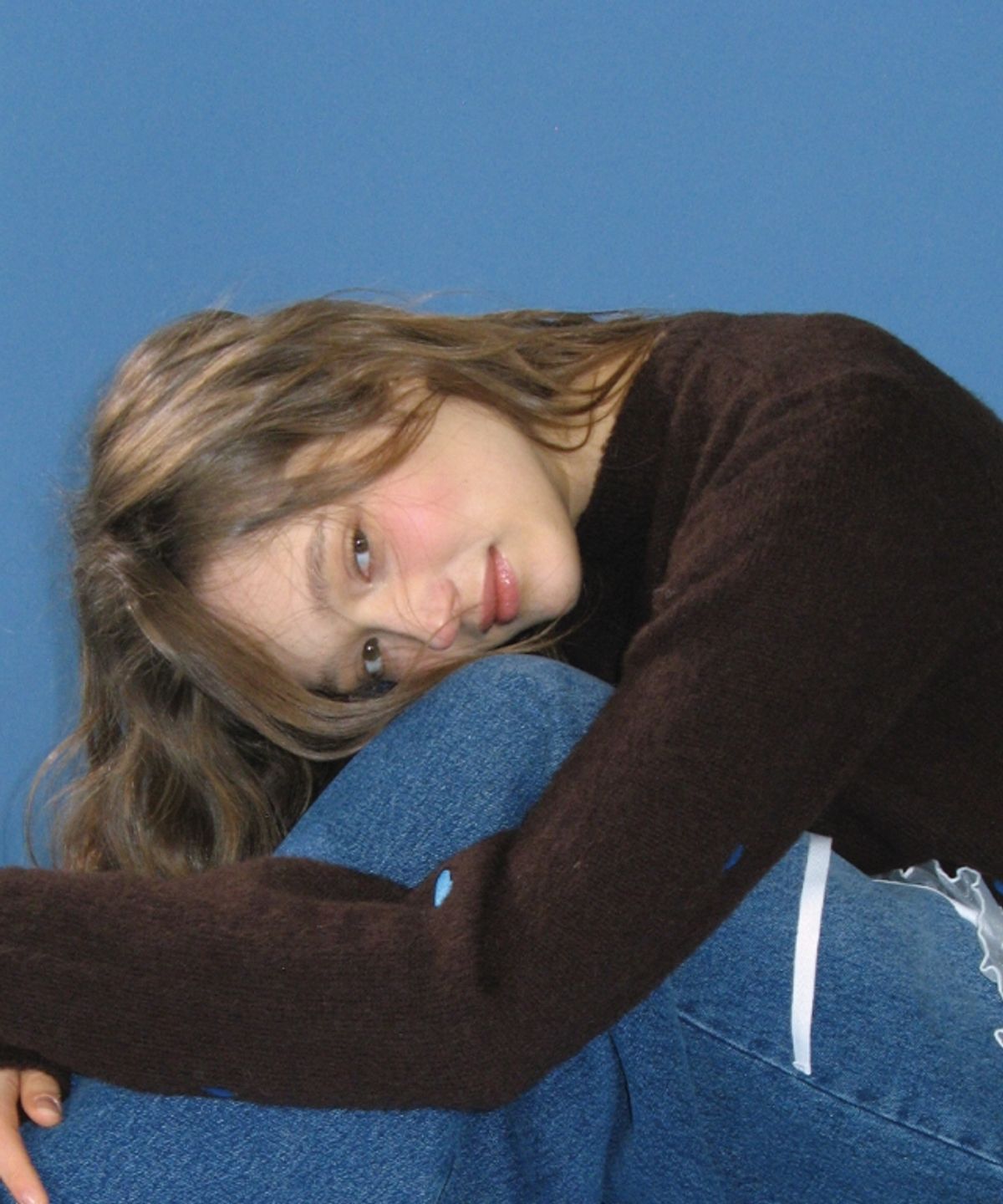 론론(RONRON) RIBBON HEART PATTERN HAIRY KNIT PULLOVER BROWN BLUE