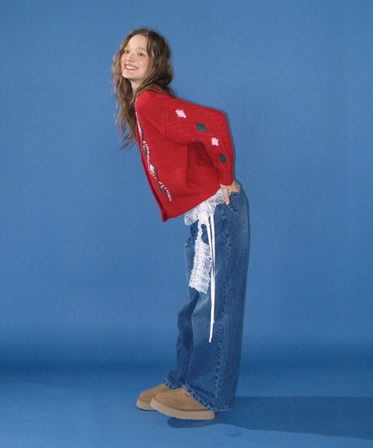 론론(RONRON) BERRY HANDMADE POINT FISHERMAN TOGGLE CARDIGAN RED