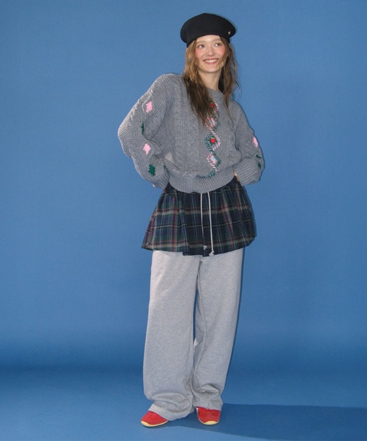 론론(RONRON) LAYERED SKIRT TRAINING PANTS GREY CHECK