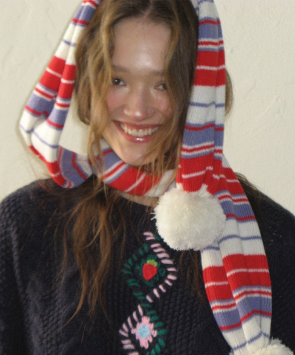 론론(RONRON) MULTI STRIPE BELL KNIT MUFFLER IVORY RED