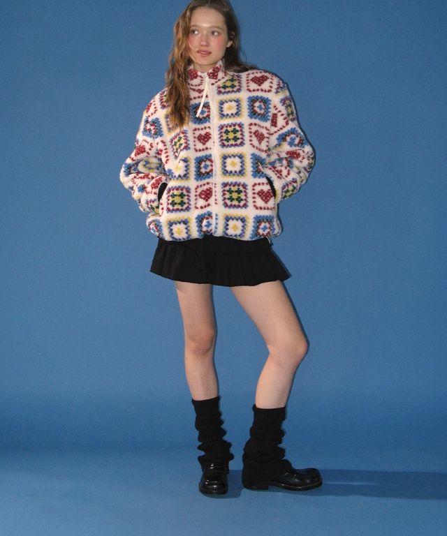 MUSINSA公式 | RONRON HEART CROCHET PATTERN FLEECE JACKET IVORY