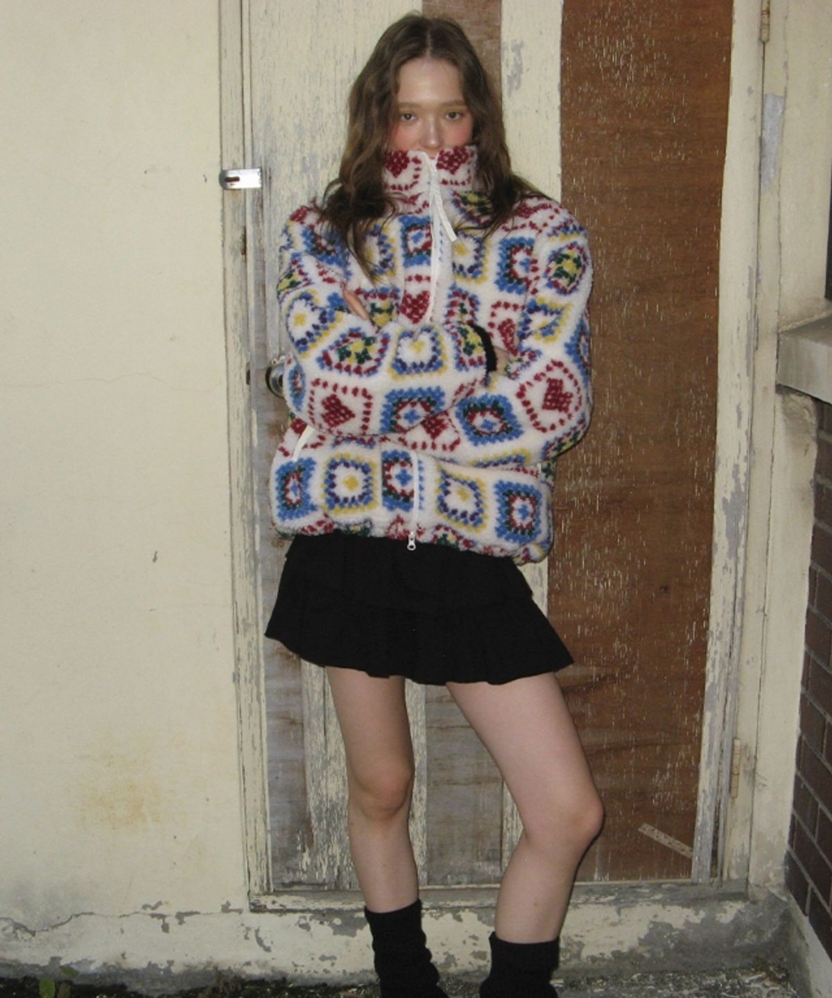 론론(RONRON) HEART CROCHET PATTERN FLEECE JACKET IVORY