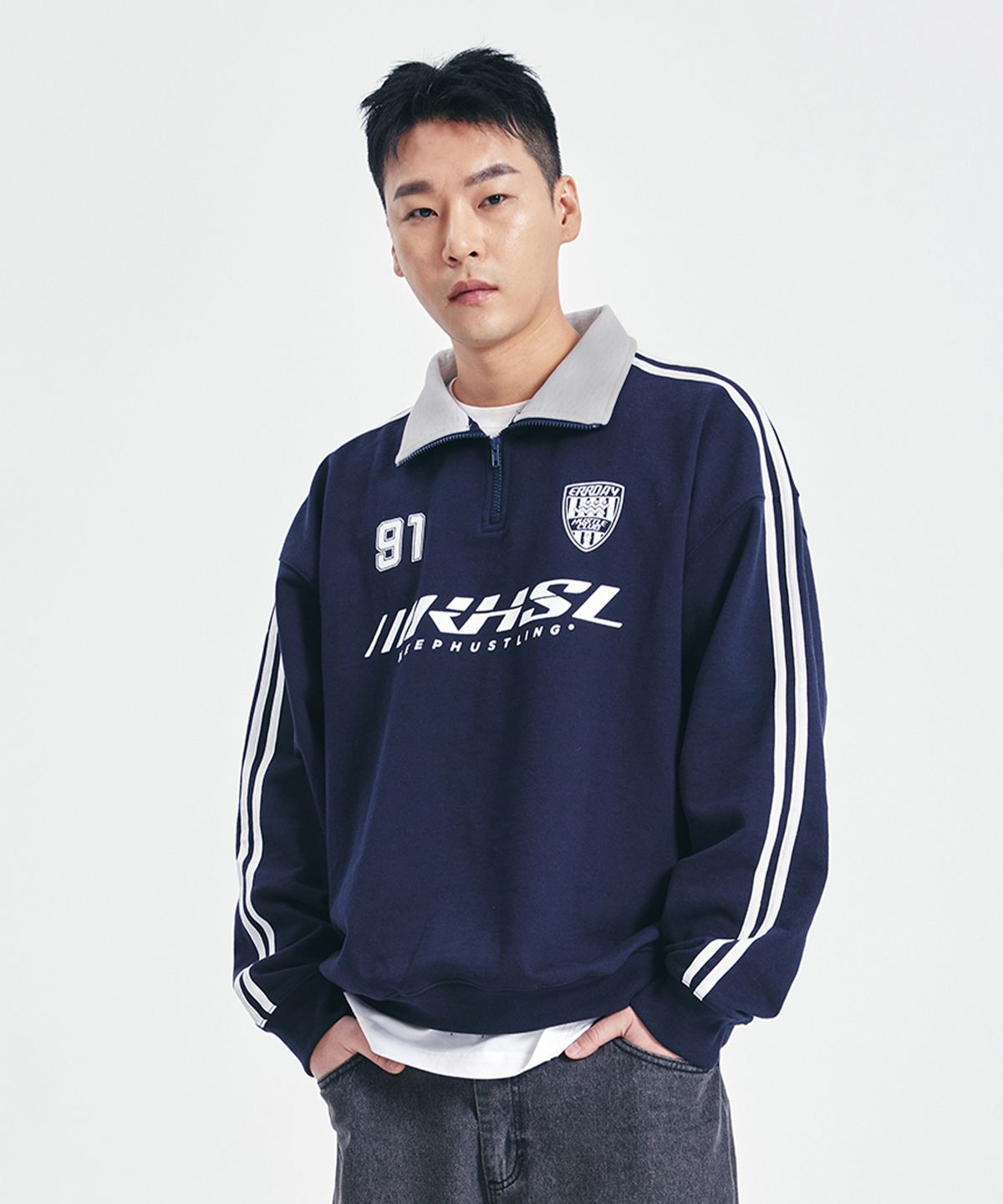 킵허슬링(KEEPHUSTLING) 허슬클럽 하프 집업 맨투맨 스웨트셔츠 (네이비)