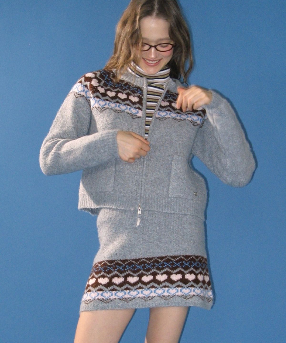 론론(RONRON) [SET] HEART NORDIC KNIT ZIP UP (2color)