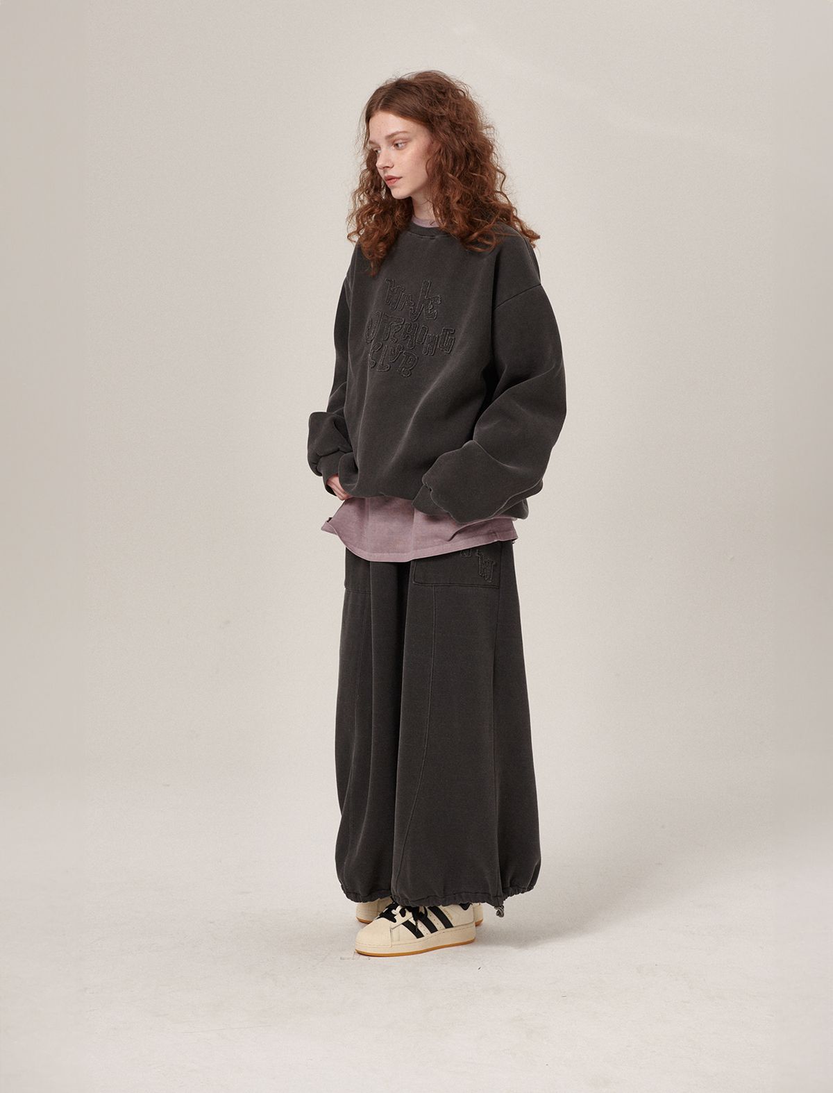 플랫웨이브 인 서울(FLATWAVE IN SEOUL) Hava Patchwork Pigment SweatShirt/Skirt Set Charcoal
