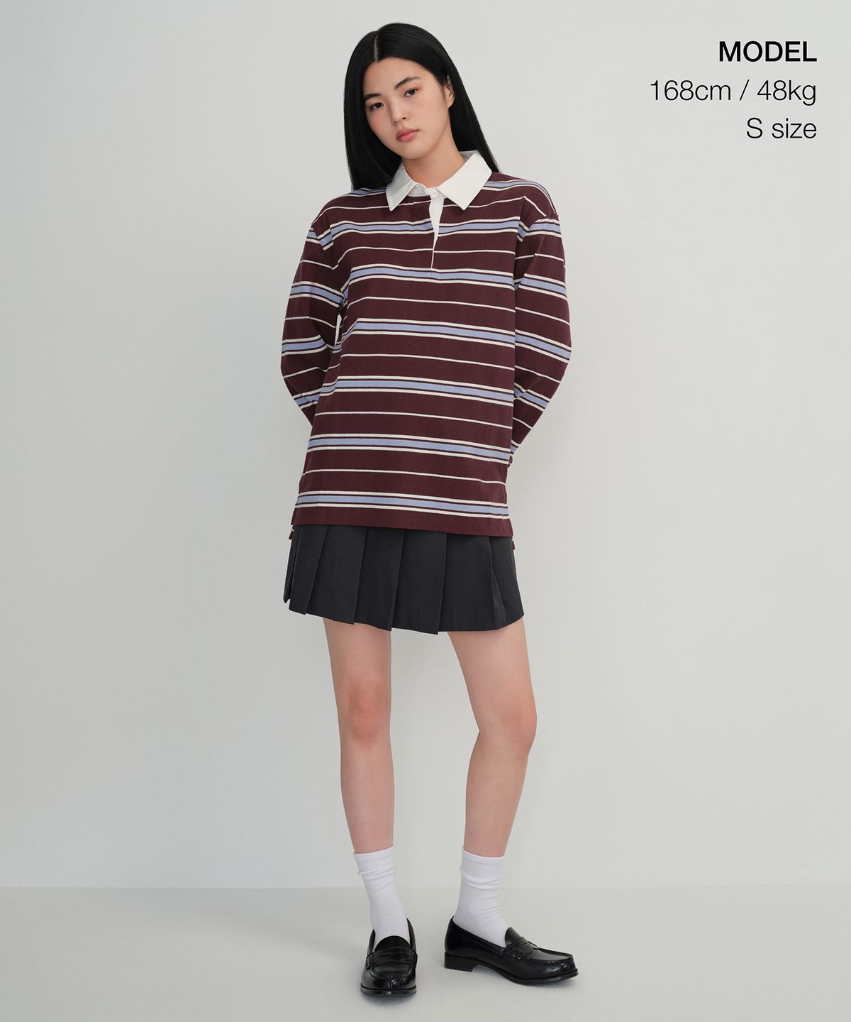 무신사 스탠다드 우먼(MUSINSA STANDARD WOMAN) 우먼즈 릴렉스드 멀티 스트라이프 럭비 셔츠 [버건디]