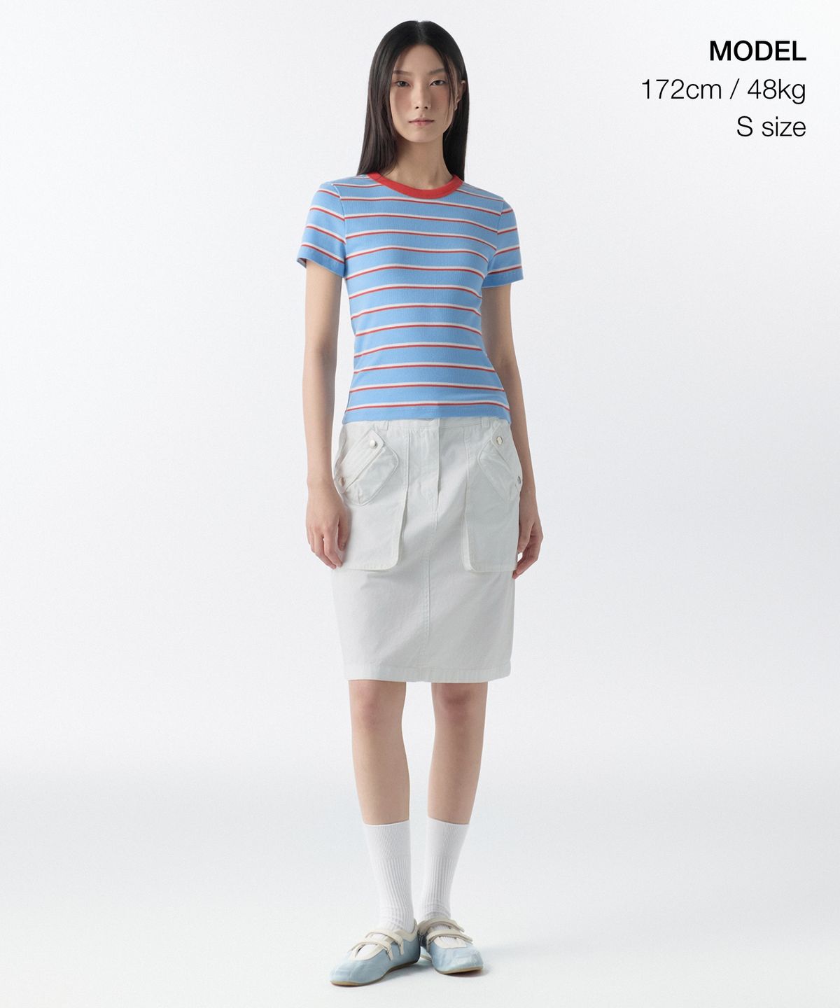무신사 스탠다드 우먼(MUSINSA STANDARD WOMAN) 우먼즈 리브드 멀티 스트라이프 슬림 티셔츠 [스카이 블루]