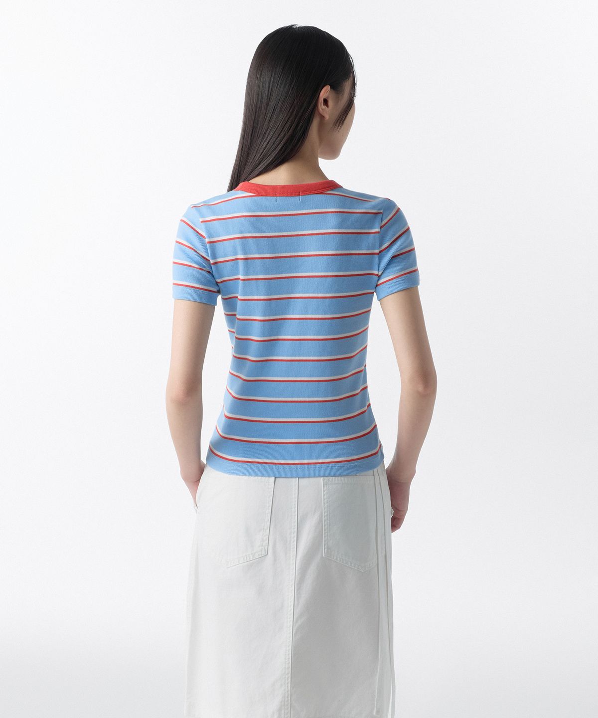 무신사 스탠다드 우먼(MUSINSA STANDARD WOMAN) 우먼즈 리브드 멀티 스트라이프 슬림 티셔츠 [스카이 블루]