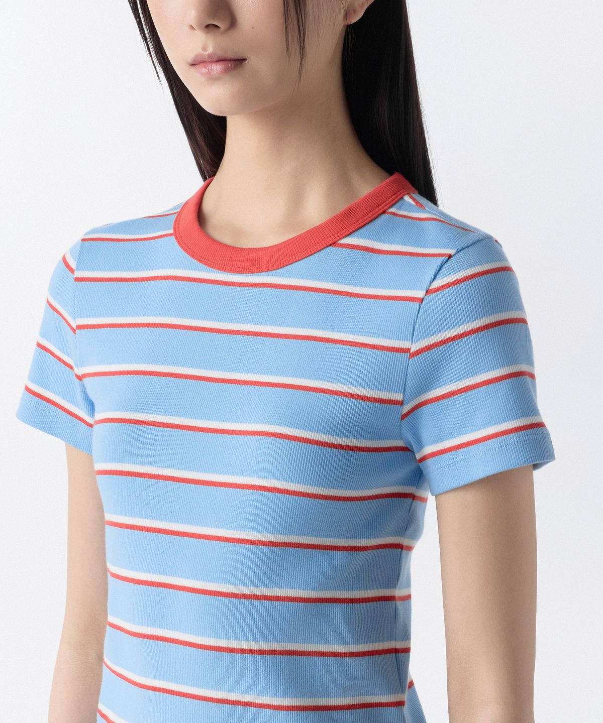 무신사 스탠다드 우먼(MUSINSA STANDARD WOMAN) 우먼즈 리브드 멀티 스트라이프 슬림 티셔츠 [스카이 블루]