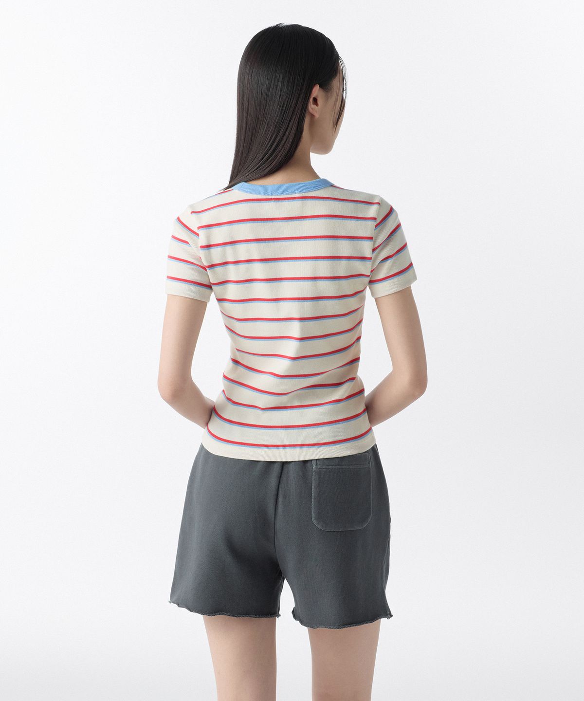 무신사 스탠다드 우먼(MUSINSA STANDARD WOMAN) 우먼즈 리브드 멀티 스트라이프 슬림 티셔츠 [크림]