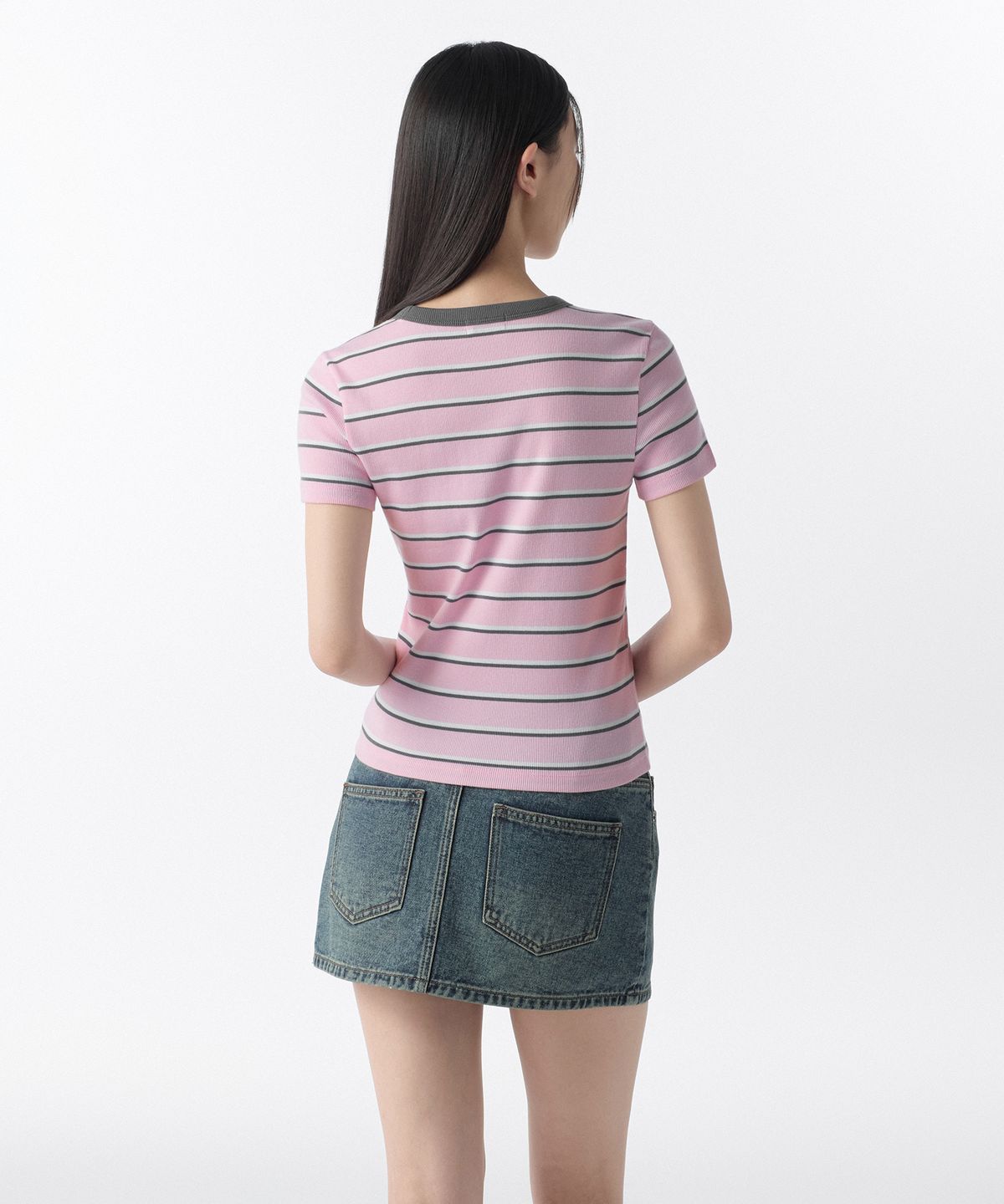 무신사 스탠다드 우먼(MUSINSA STANDARD WOMAN) 우먼즈 리브드 멀티 스트라이프 슬림 티셔츠 [핑크]