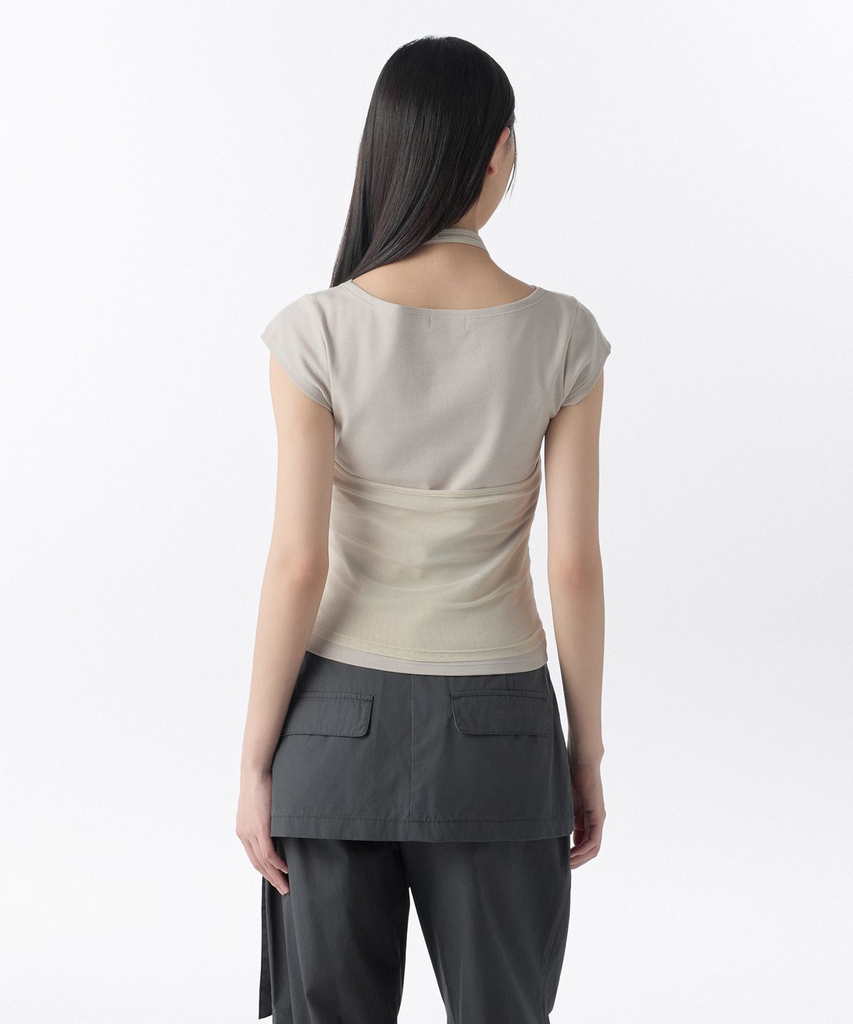무신사 스탠다드 우먼(MUSINSA STANDARD WOMAN) 우먼즈 메시 탑 레이어드 캡 슬리브 티셔츠 [라이트 베이지/머쉬룸]