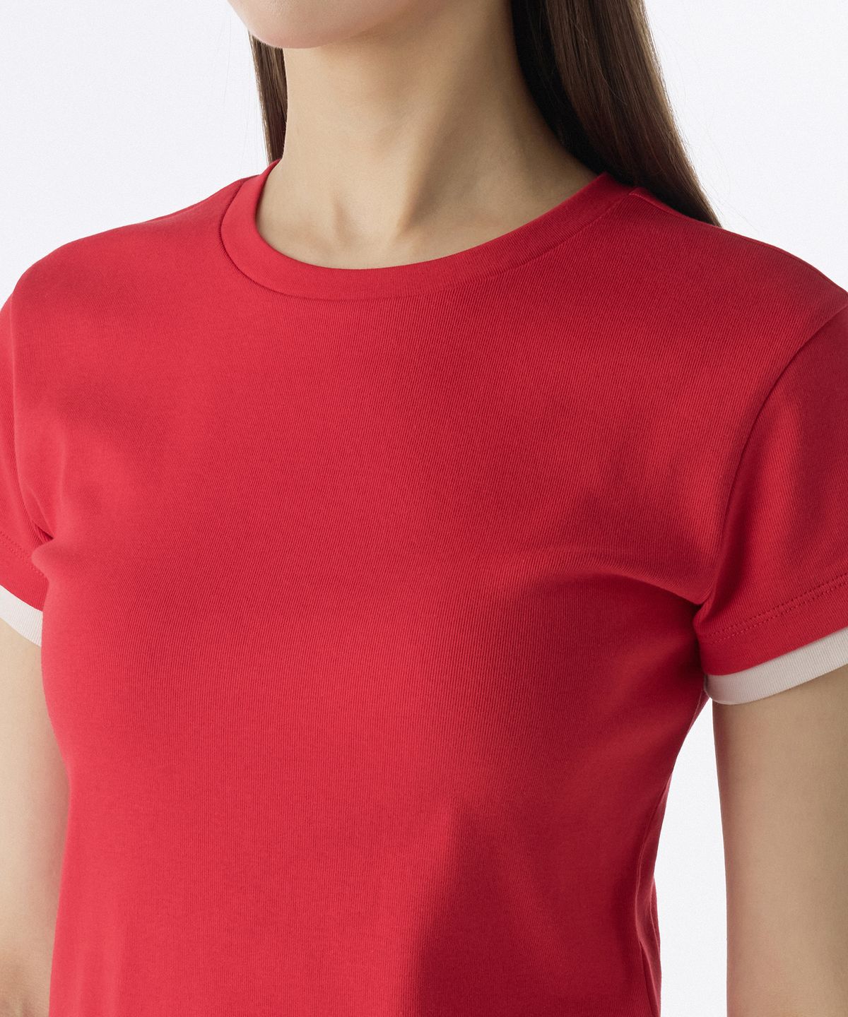 무신사 스탠다드 우먼(MUSINSA STANDARD WOMAN) 우먼즈 레이어드 헴 슬림 티셔츠 [레드/크림]