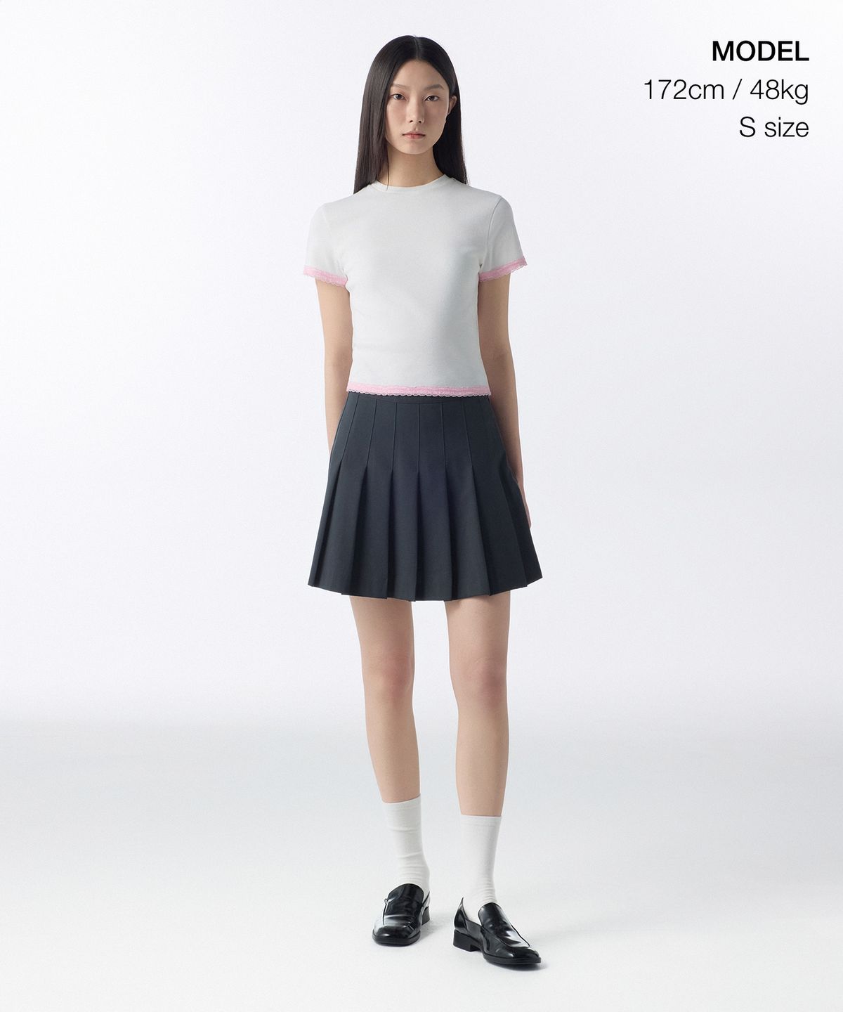 무신사 스탠다드 우먼(MUSINSA STANDARD WOMAN) 우먼즈 슬림 레이스 트림 티셔츠 [화이트/핑크]