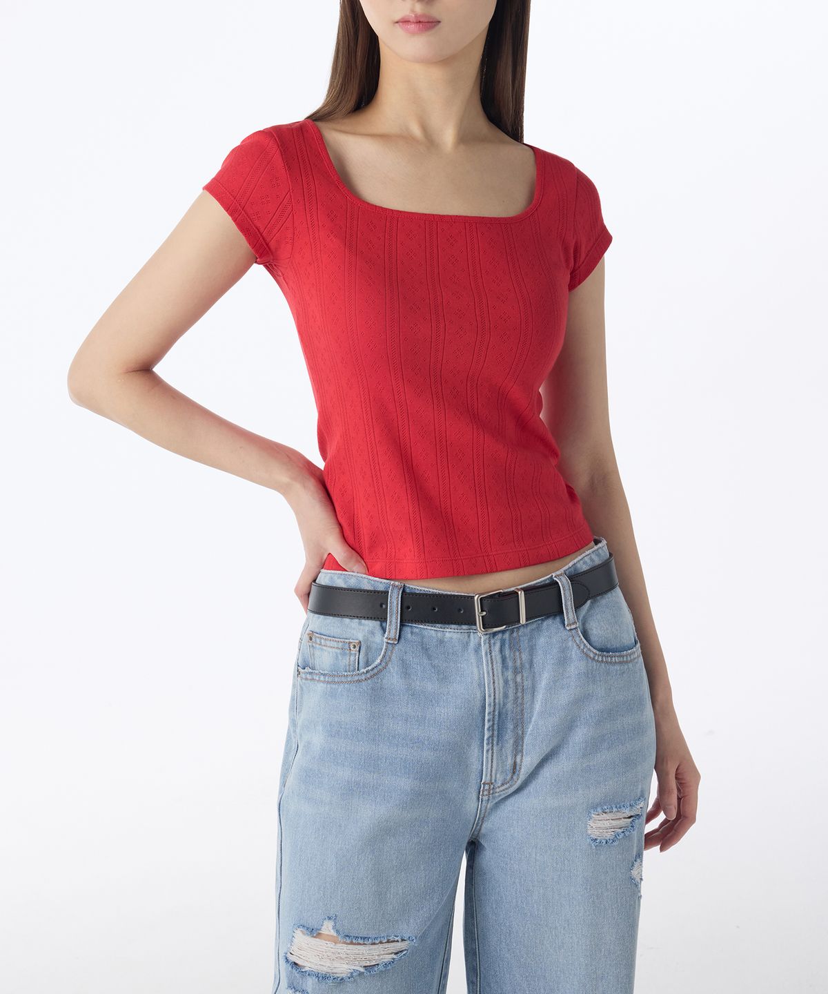 무신사 스탠다드 우먼(MUSINSA STANDARD WOMAN) 우먼즈 포인텔 스퀘어 넥 캡 슬리브 티셔츠 [레드]