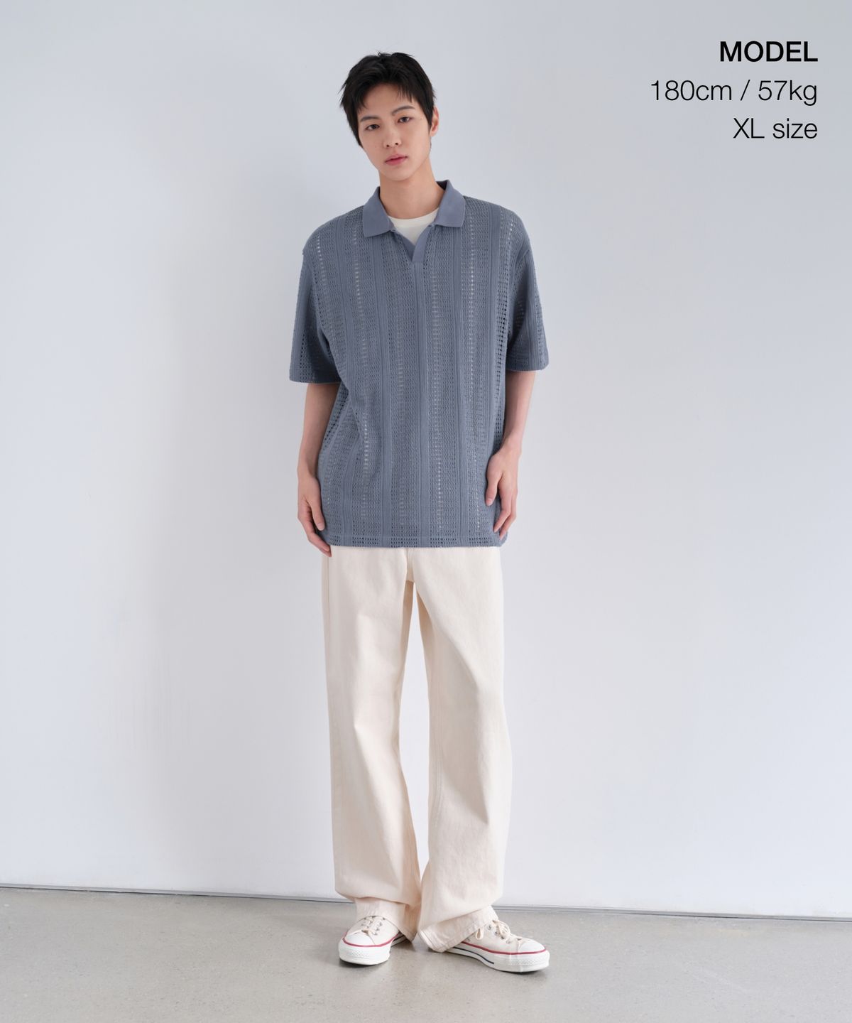 무신사 스탠다드(MUSINSA STANDARD) 버티컬 크로셰 슬릿 넥 폴로 셔츠 [블루 그레이]