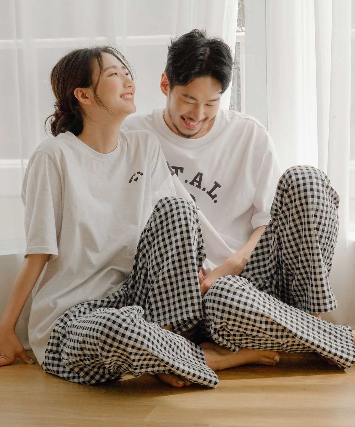 파란(PALAN) [2PACK] 커플 베이직 깅엄체크 9부 파자마 바지