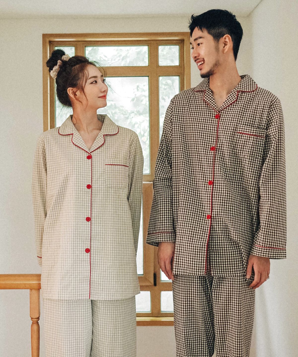 파란(PALAN) [2PACK] 포인트잔체크 순면 커플 파자마 잠옷세트