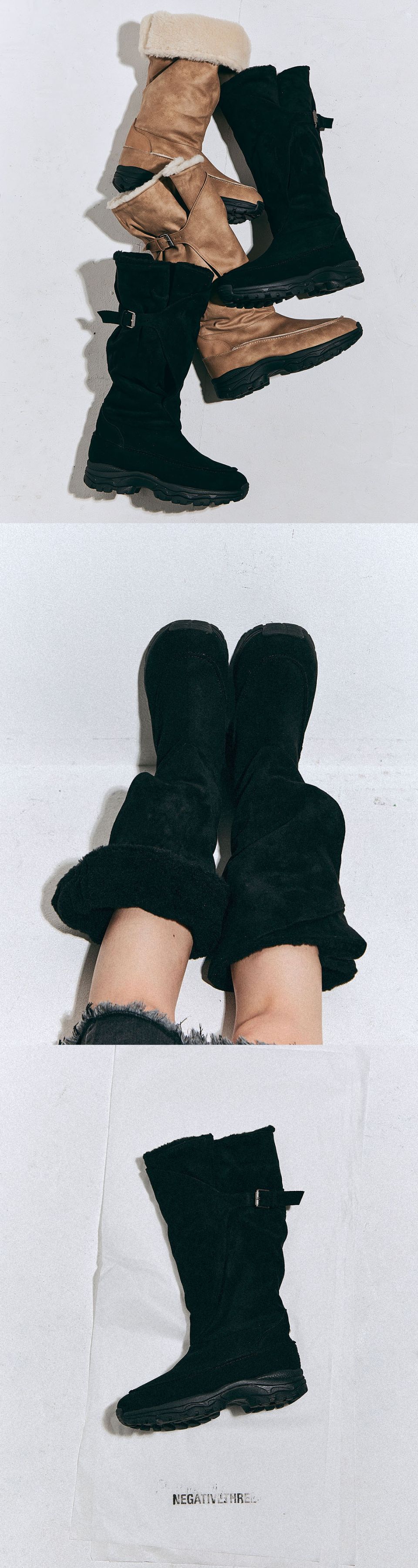 MUSINSA | NEGATIVE THREE Belted Slouchy Shearling Boots_Black