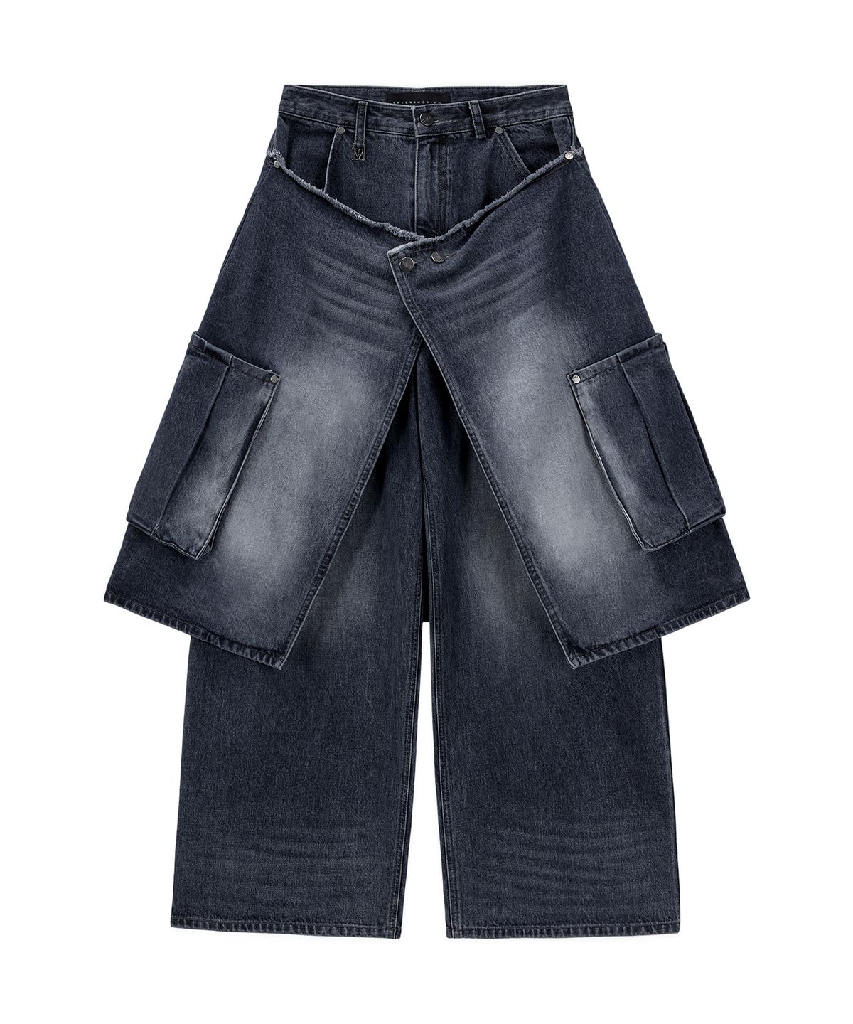 트리밍버드(TREEMINGBIRD) Layered Wrap Skirt Denim Cargo Pants [ Dark navy ]