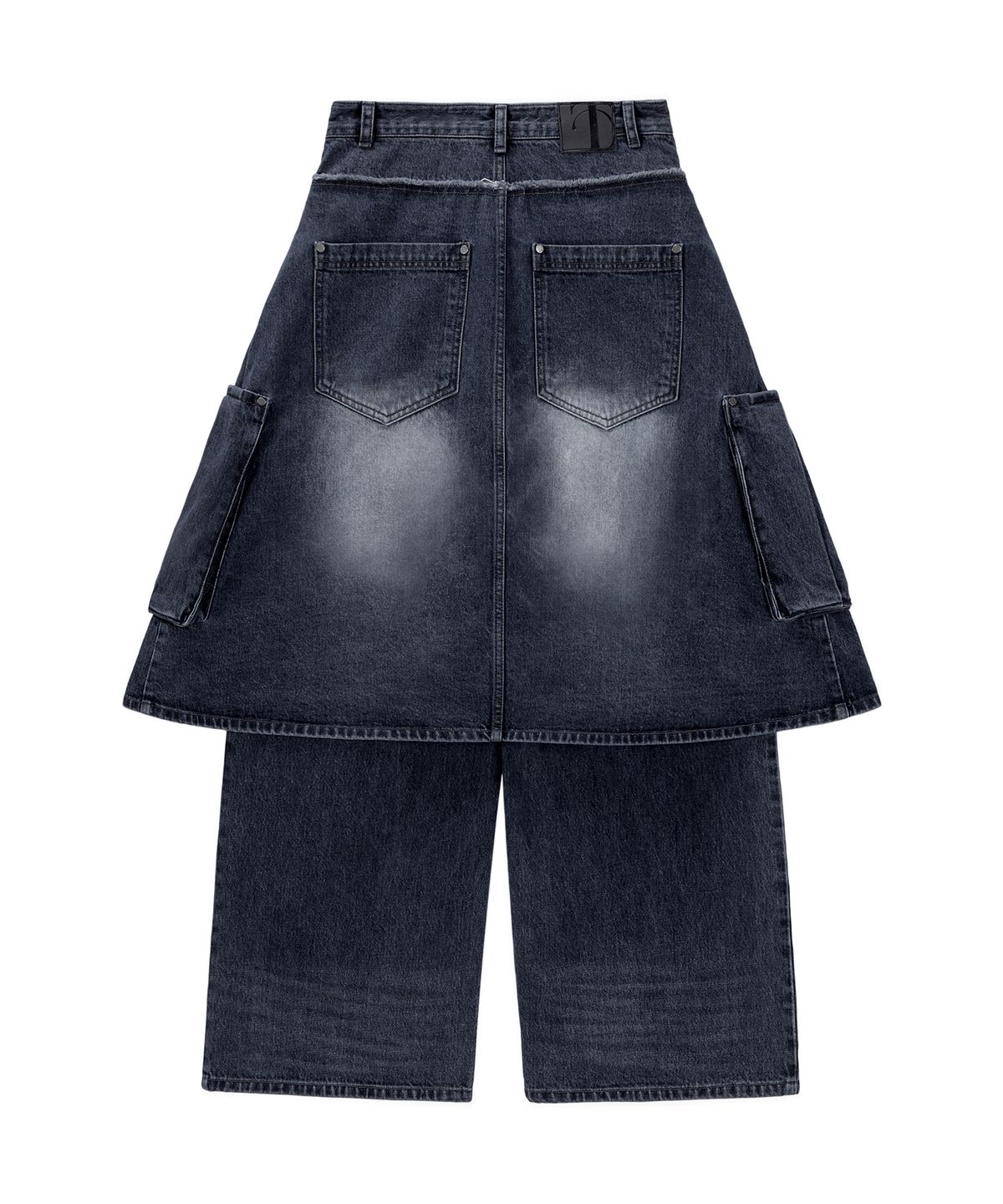 트리밍버드(TREEMINGBIRD) Layered Wrap Skirt Denim Cargo Pants [ Dark navy ]