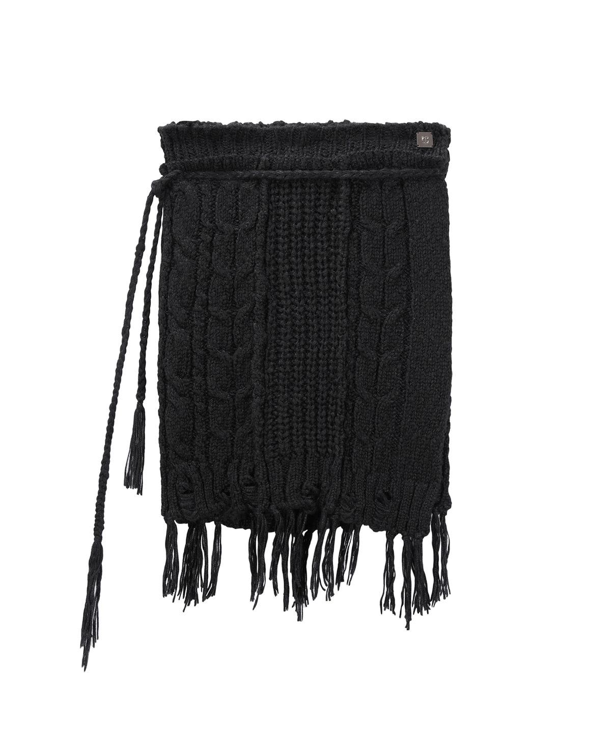 트리밍버드(TREEMINGBIRD) Wool Damage Tassel Knit Set-Up Layered Wrap [ Black ]