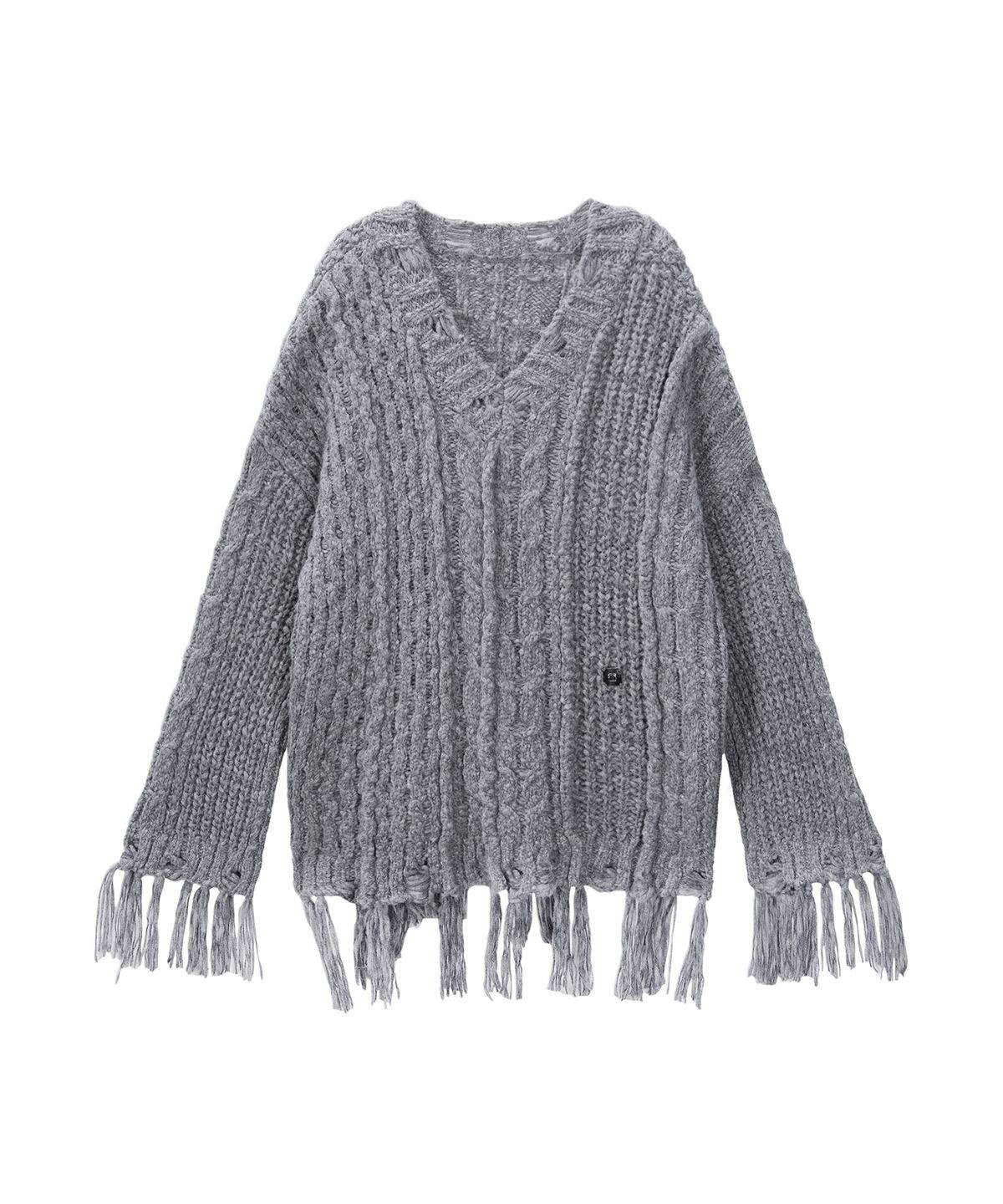 트리밍버드(TREEMINGBIRD) Wool Damage Tassel Knit Set-Up Pullover [ Gray ]