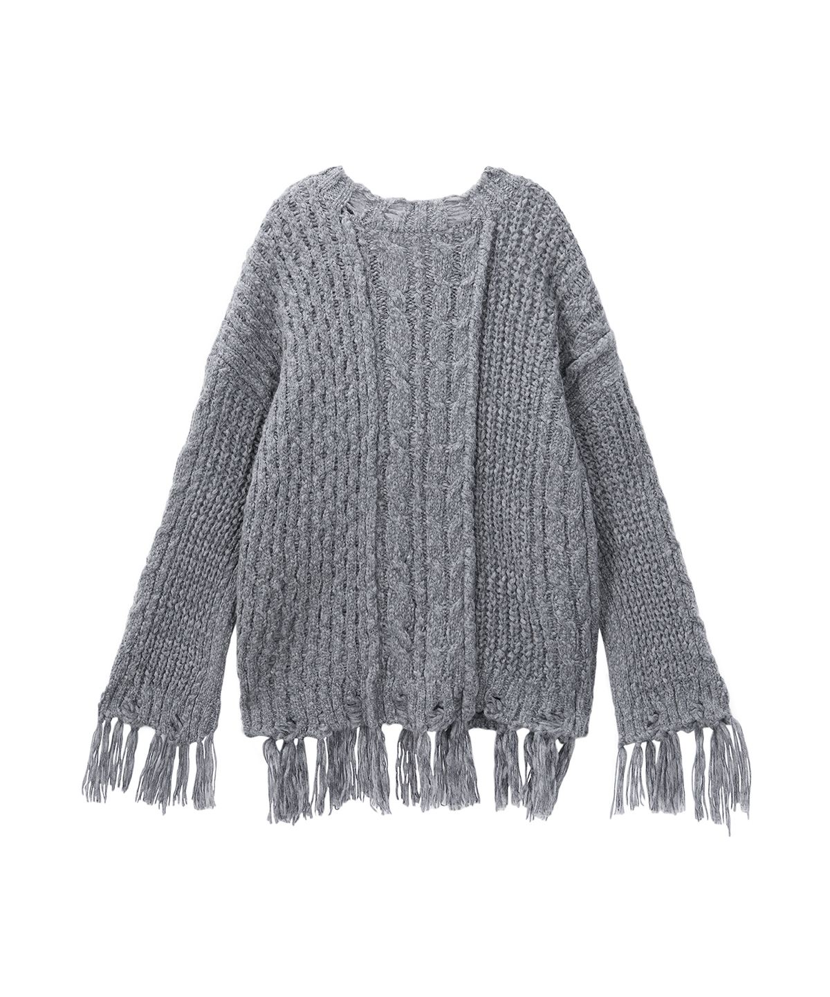 트리밍버드(TREEMINGBIRD) Wool Damage Tassel Knit Set-Up Pullover [ Gray ]
