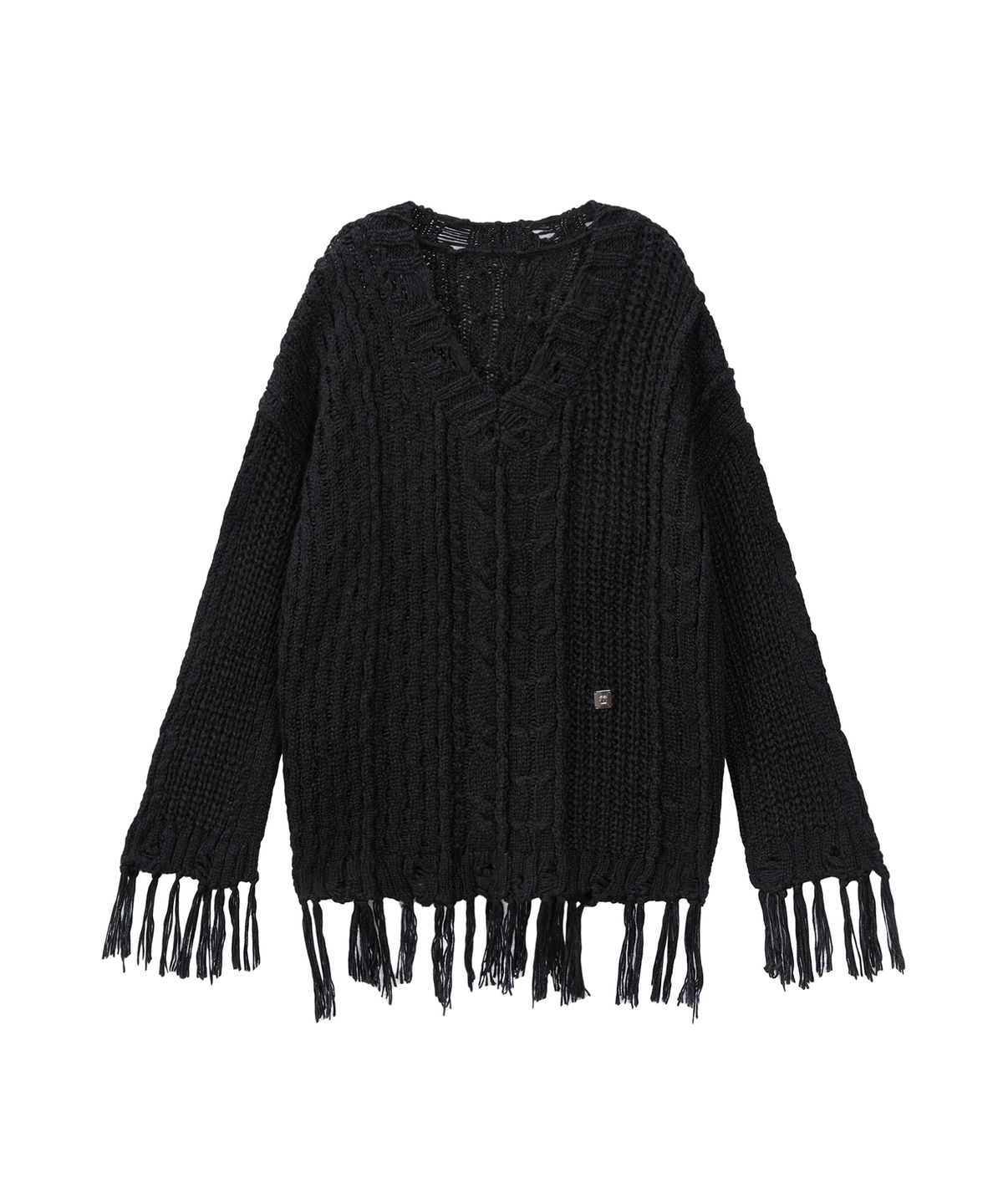 트리밍버드(TREEMINGBIRD) Wool Damage Tassel Knit Set-Up Pullover [ Black ]