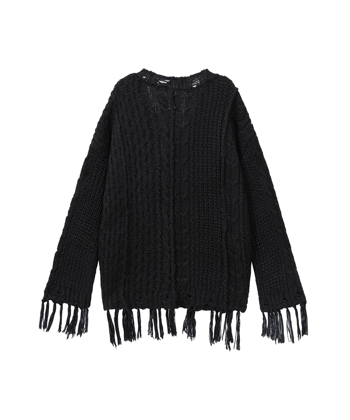 트리밍버드(TREEMINGBIRD) Wool Damage Tassel Knit Set-Up Pullover [ Black ]