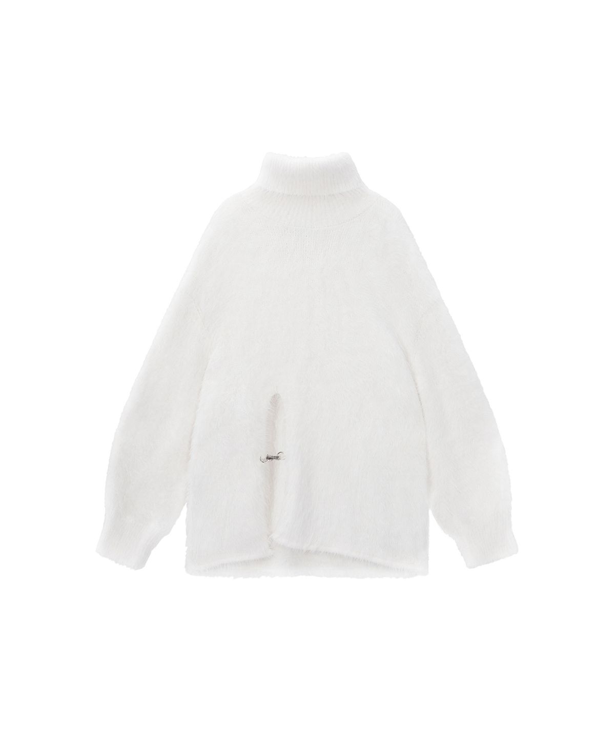 트리밍버드(TREEMINGBIRD) Front Slit Metal Hook High-Neck Fur Knit [ White ]