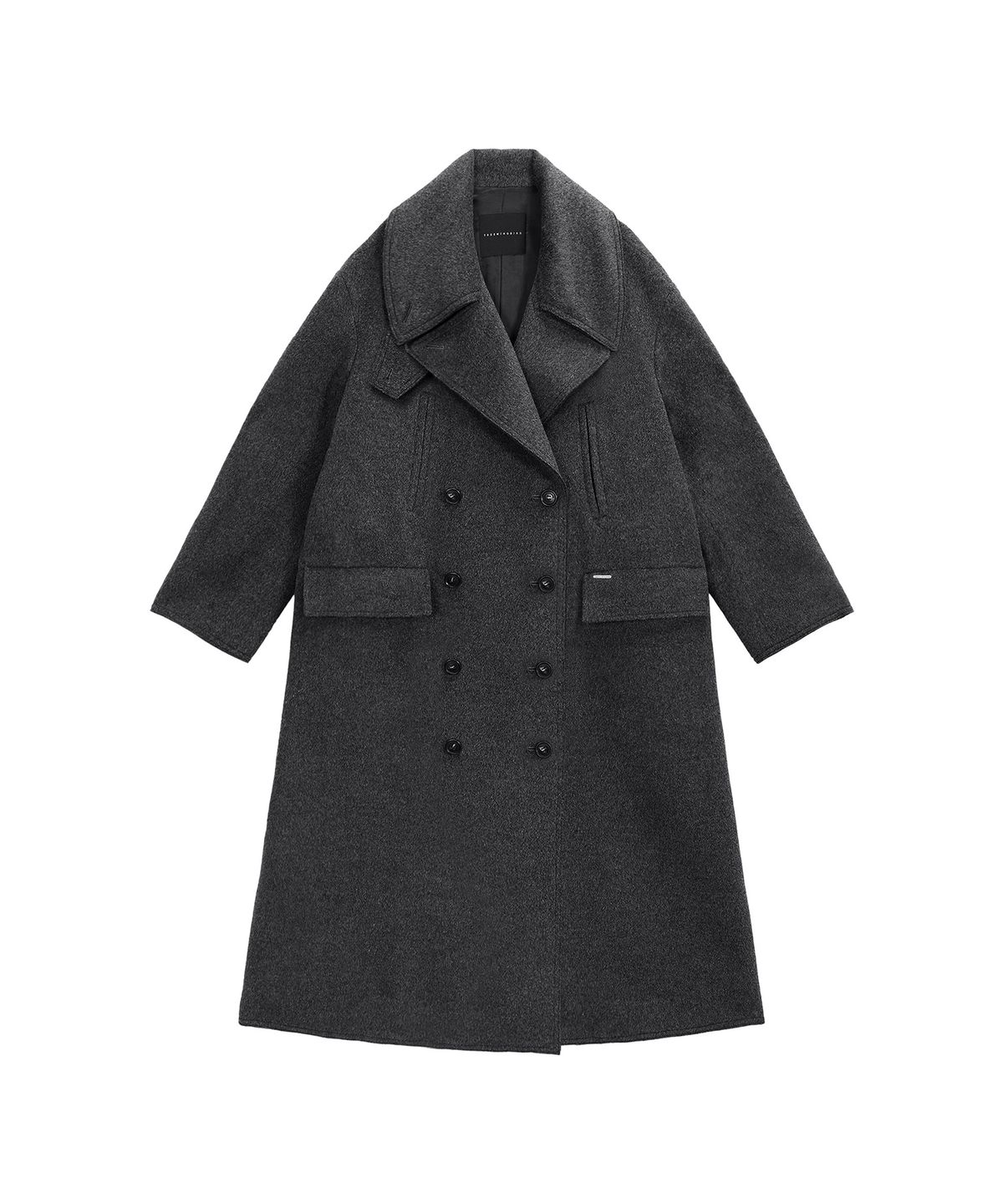 트리밍버드(TREEMINGBIRD) High Neck Double Button Wool Long Coat [ Charcoal ]