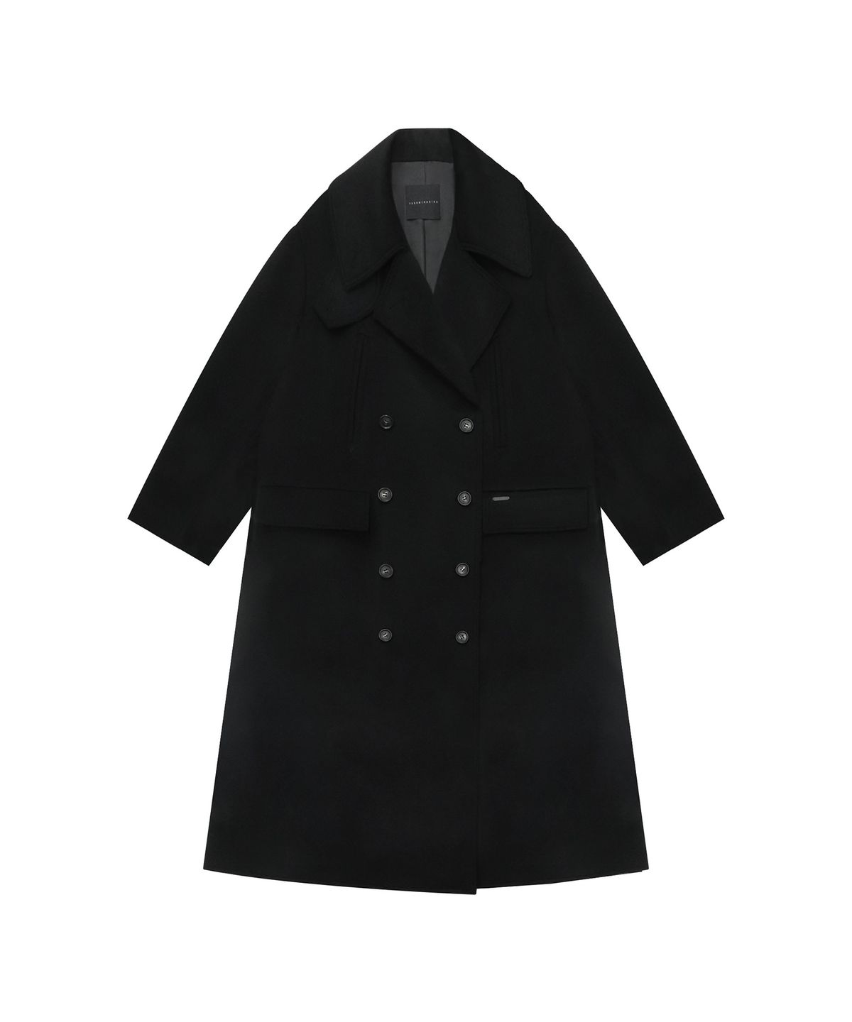 트리밍버드(TREEMINGBIRD) High Neck Double Button Wool Long Coat [ Black ]
