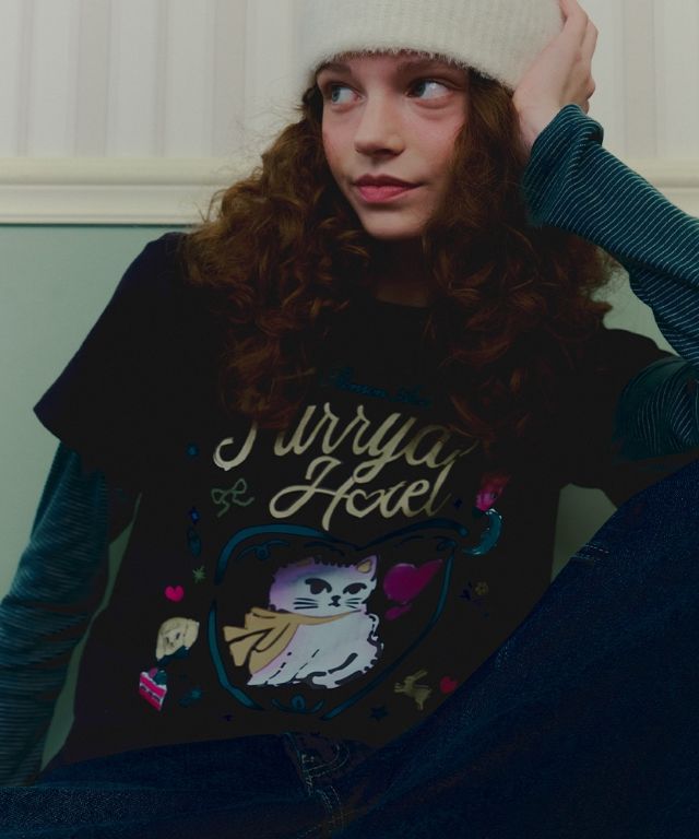 MUSINSA公式 | RONRON CRAYON FURRY CAT LAYERED LONG SLEEVE NAVY