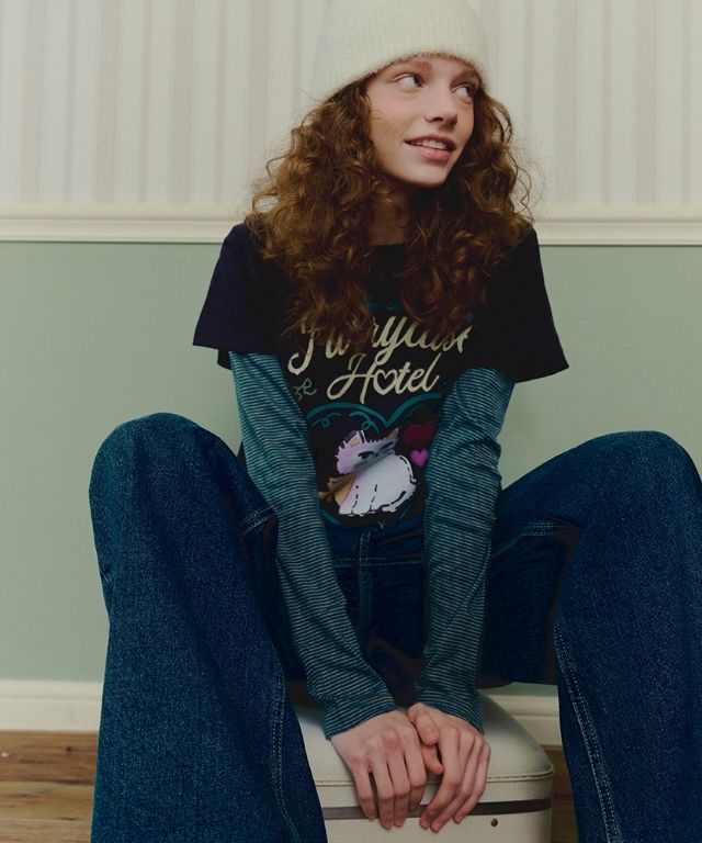 MUSINSA公式 | RONRON CRAYON FURRY CAT LAYERED LONG SLEEVE NAVY