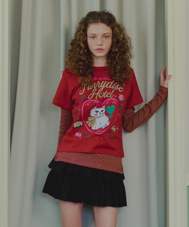 MUSINSA | RONRON CRAYON FURRY CAT LAYERED LONG SLEEVE RED