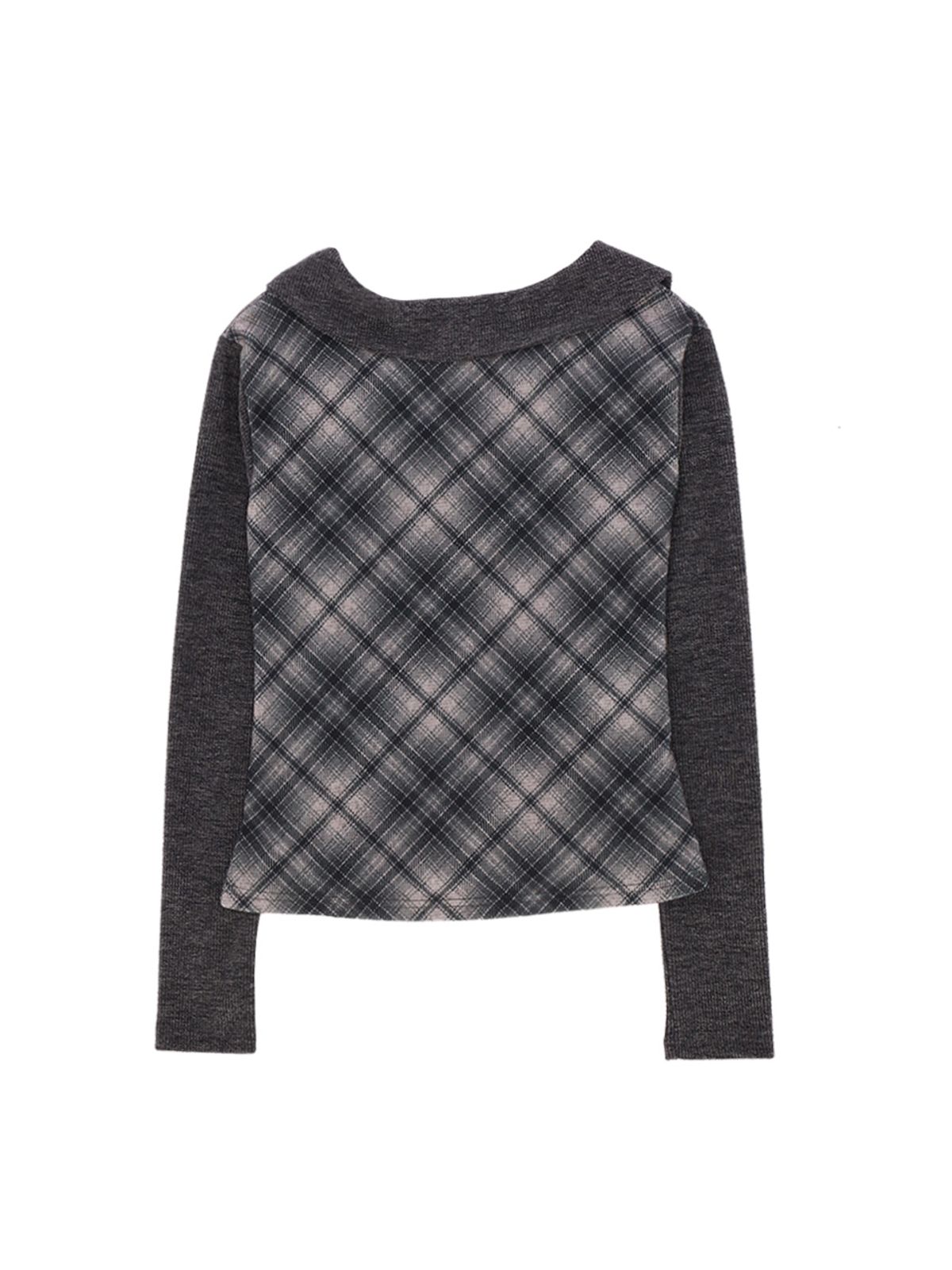 쎄쎄쎄(SETSETSET) CHECKERED COLLAR SHIRRING TOP (CHARCOAL)