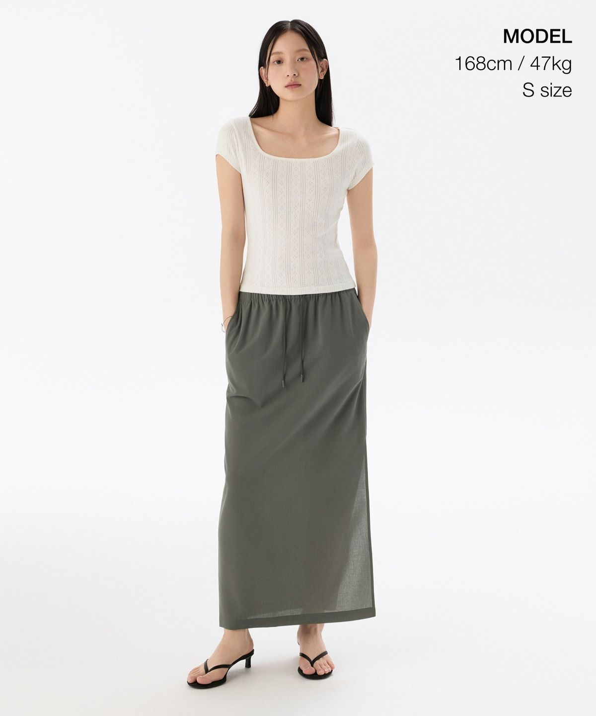 무신사 스탠다드 우먼(MUSINSA STANDARD WOMAN) 우먼즈 린넨 라이크 밴딩 롱 스커트 [그레이쉬 카키]