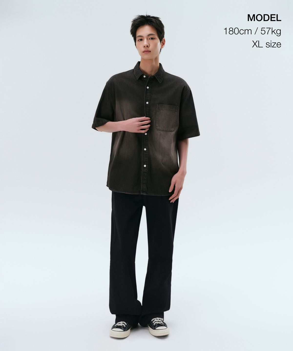 무신사 스탠다드(MUSINSA STANDARD) 빅 브러쉬 릴렉스드 반소매 데님 셔츠 [옐로우 블랙]