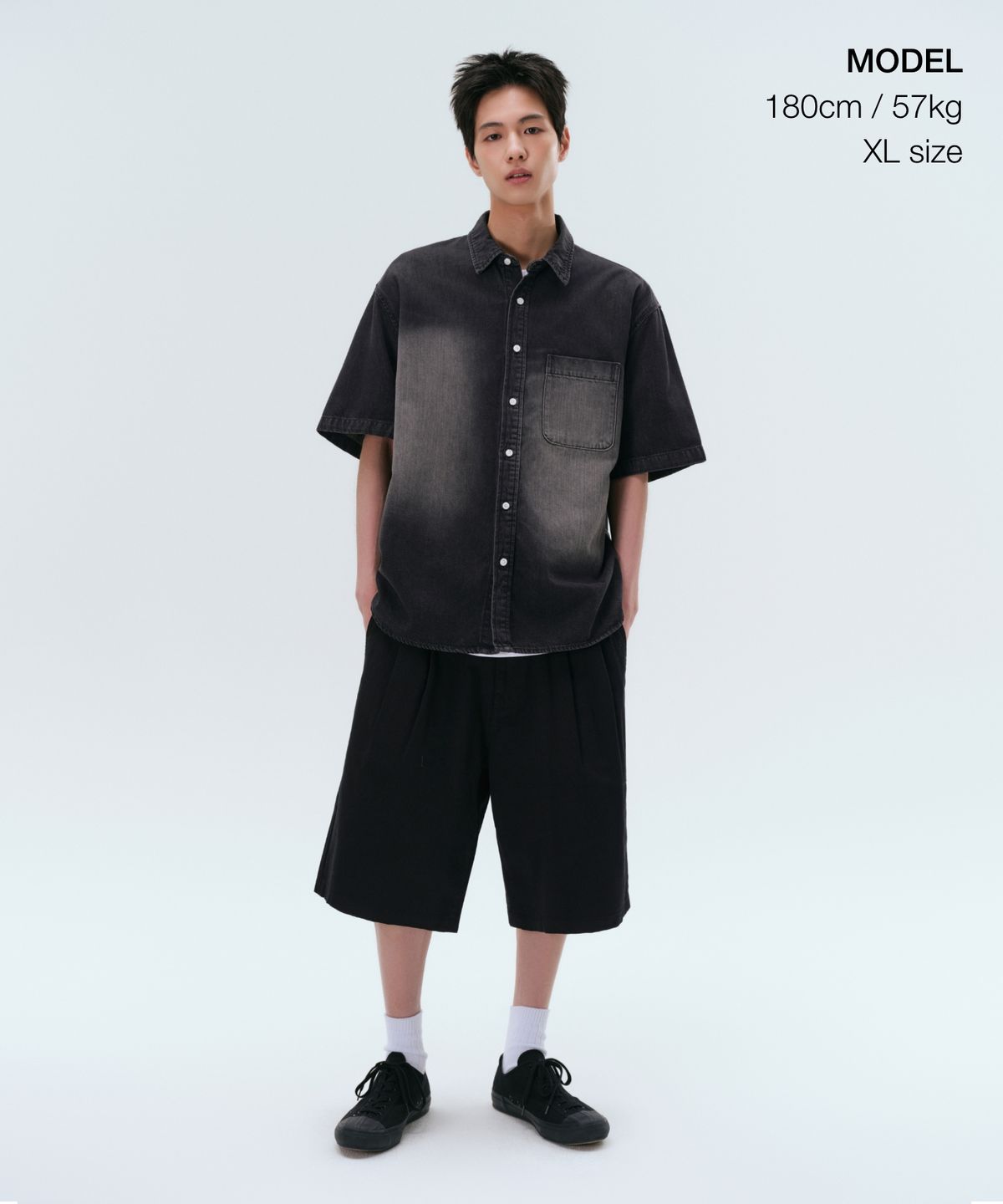 무신사 스탠다드(MUSINSA STANDARD) 빅 브러쉬 릴렉스드 반소매 데님 셔츠 [워시드 블랙]