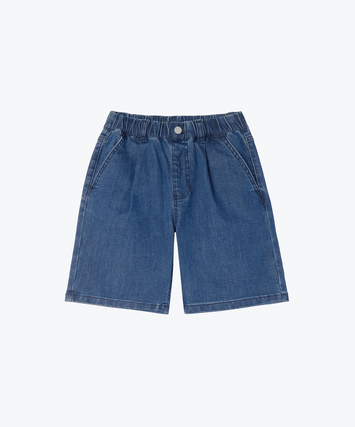 무신사 스탠다드 키즈(MUSINSA STANDARD KIDS) [쿨탠다드] 원 턱 와이드 밴딩 데님 쇼츠 [미디엄 인디고]