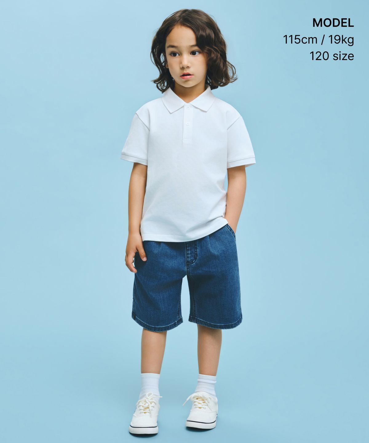 무신사 스탠다드 키즈(MUSINSA STANDARD KIDS) [쿨탠다드] 원 턱 와이드 밴딩 데님 쇼츠 [미디엄 인디고]