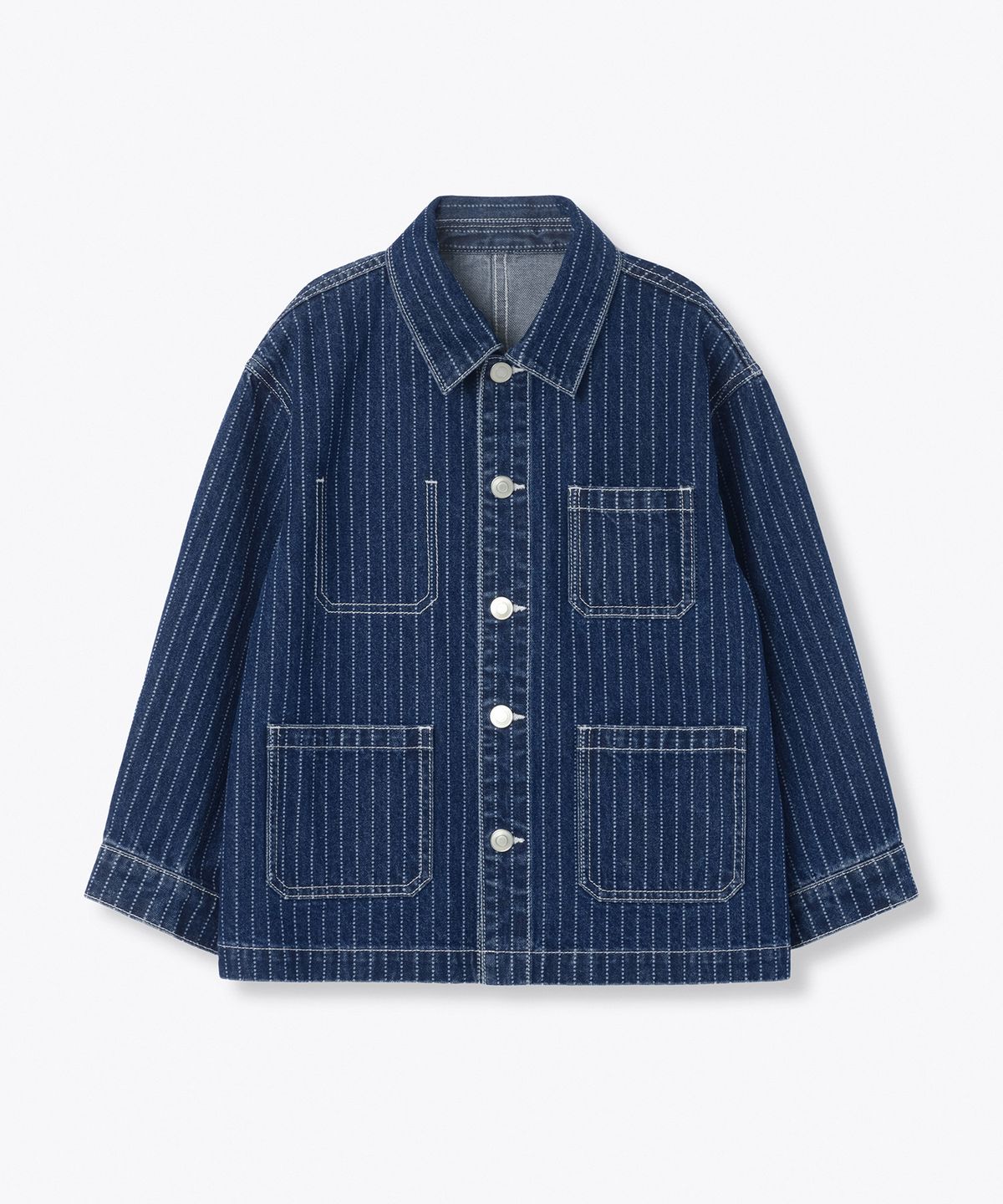 무신사 스탠다드 키즈(MUSINSA STANDARD KIDS) 스트라이프 데님 초어 재킷 [미디엄 인디고]