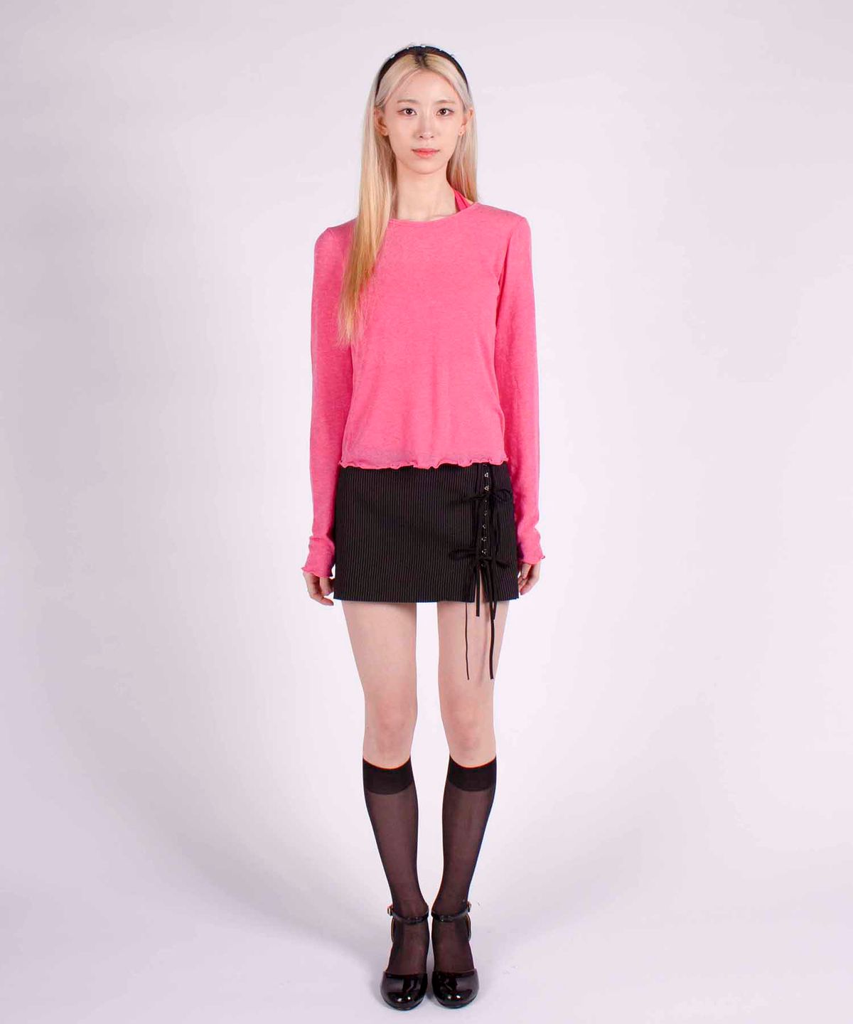 유히리(YUHEELEE) Wave edge round neck basic tencel top / Pink