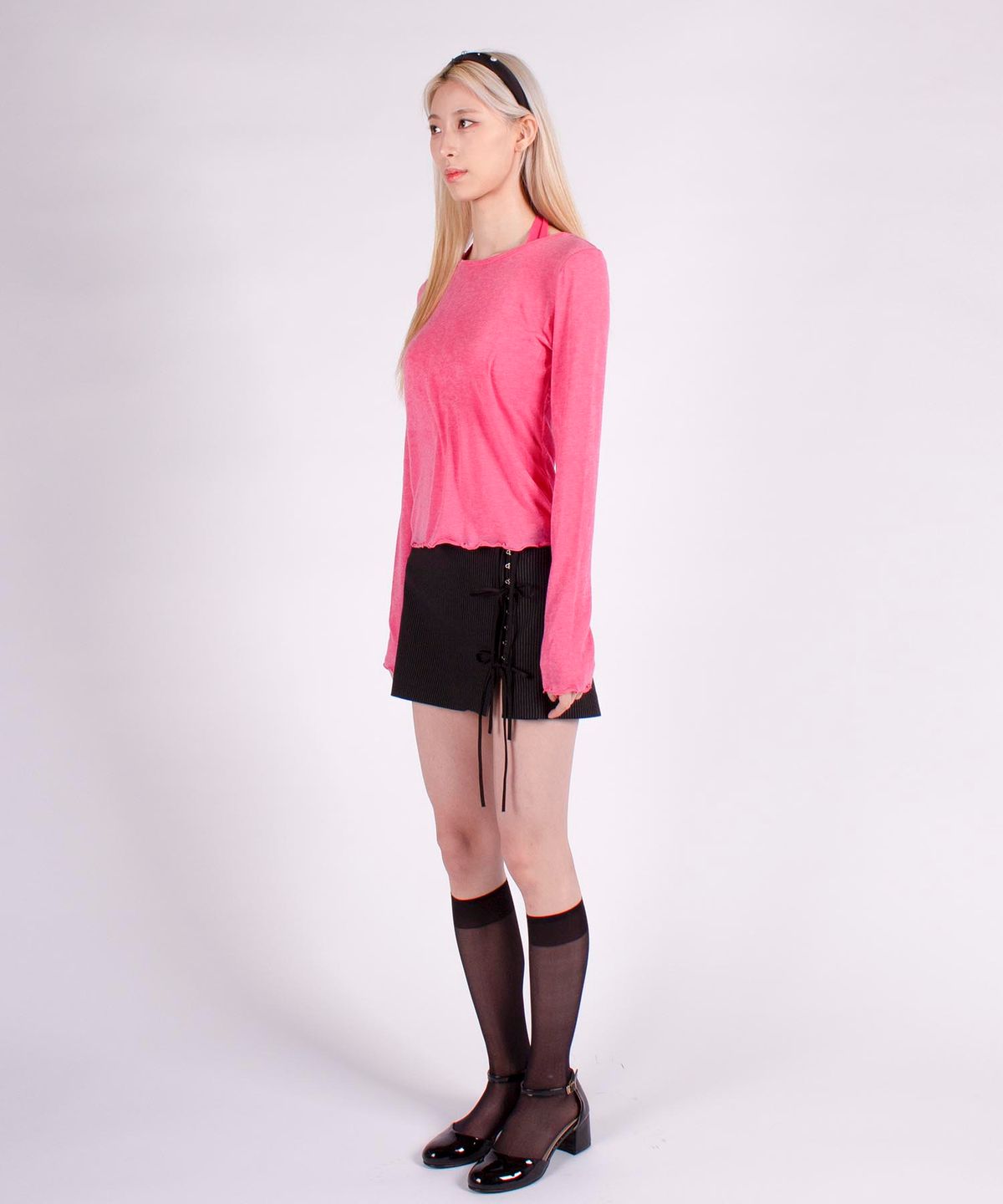 유히리(YUHEELEE) Wave edge round neck basic tencel top / Pink