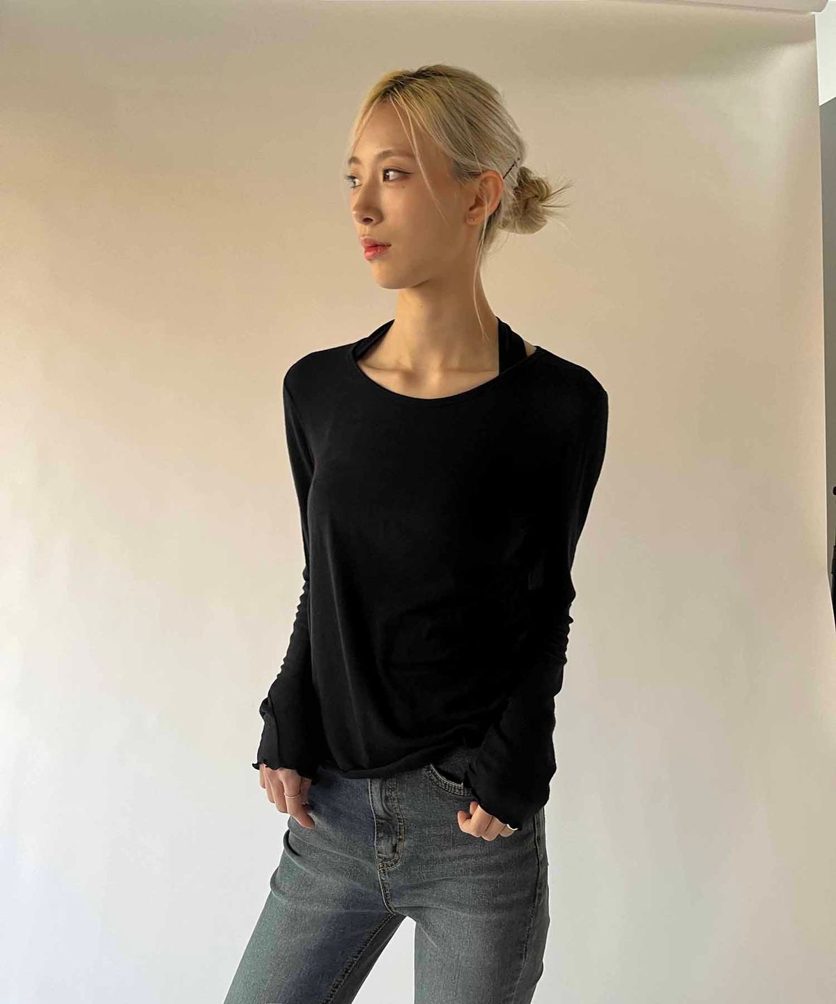 유히리(YUHEELEE) Wave edge round neck basic tencel top / Black