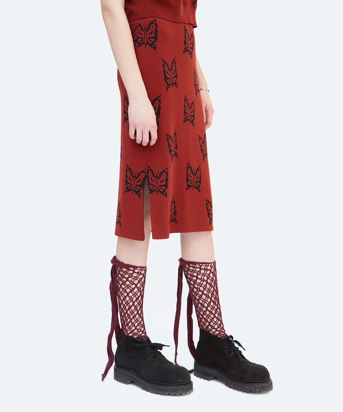 경(GYEONG) Metallic Logo Knit Skirt_Red Brown