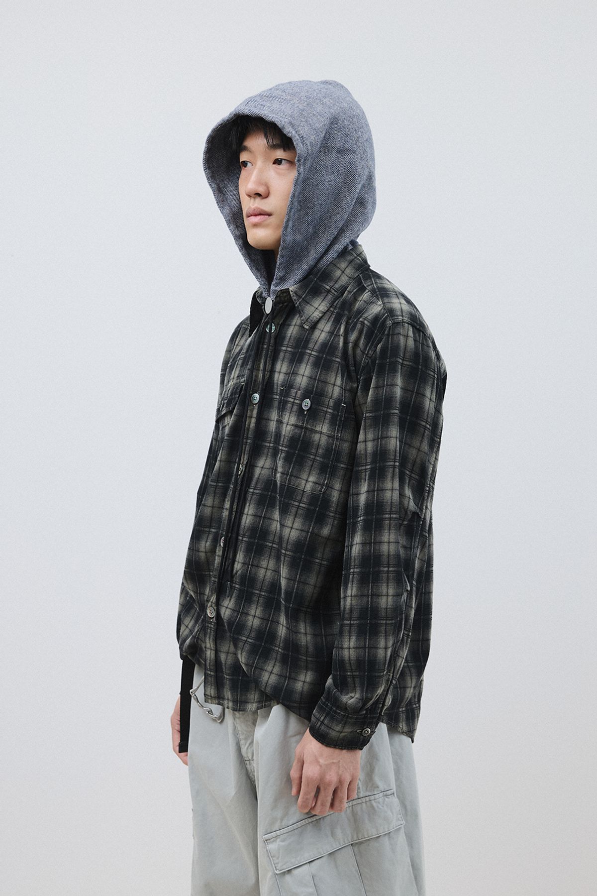 해칭룸(HATCHINGROOM) Hoodie Muffler Hairy Herringbone Blue Grey