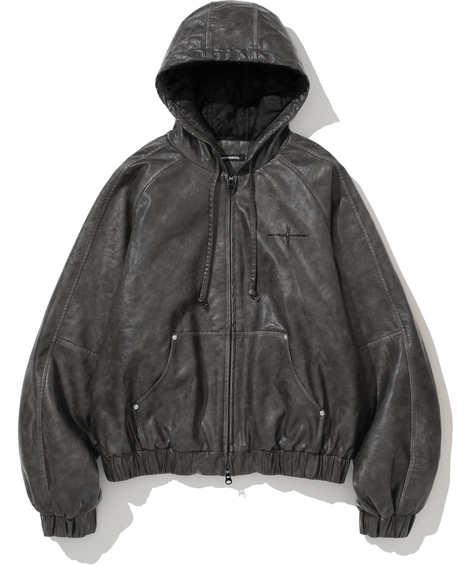 MUSINSA | NOT4NERD Crop Leather Vintage Hooded Jacket - Charcoal