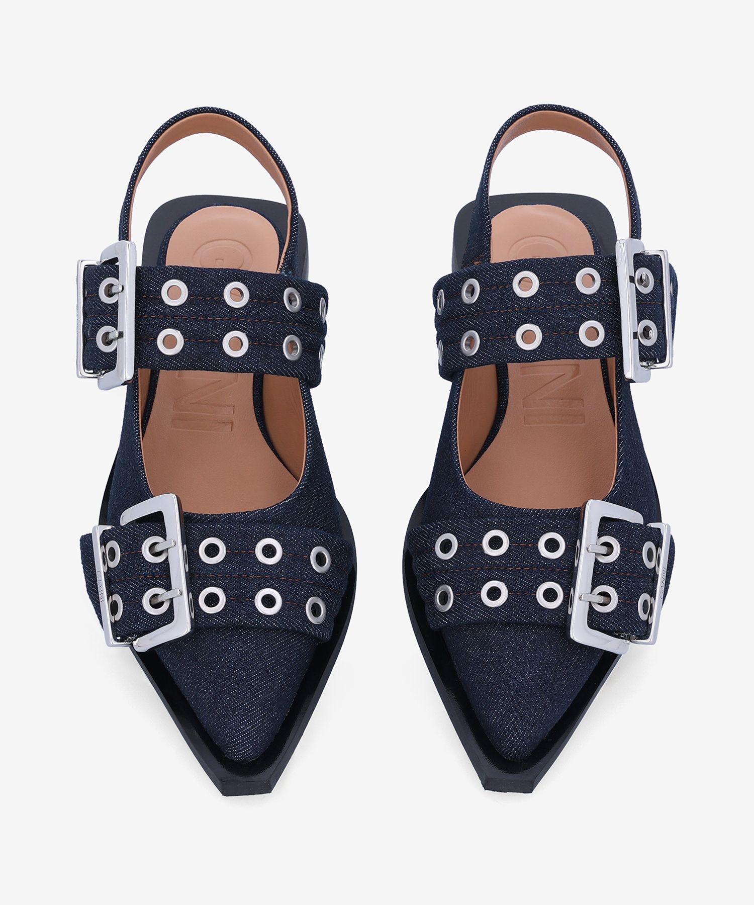 MUSINSA | GANNI Feminine Buckle Ballerina Denim Flat Shoes - Dark